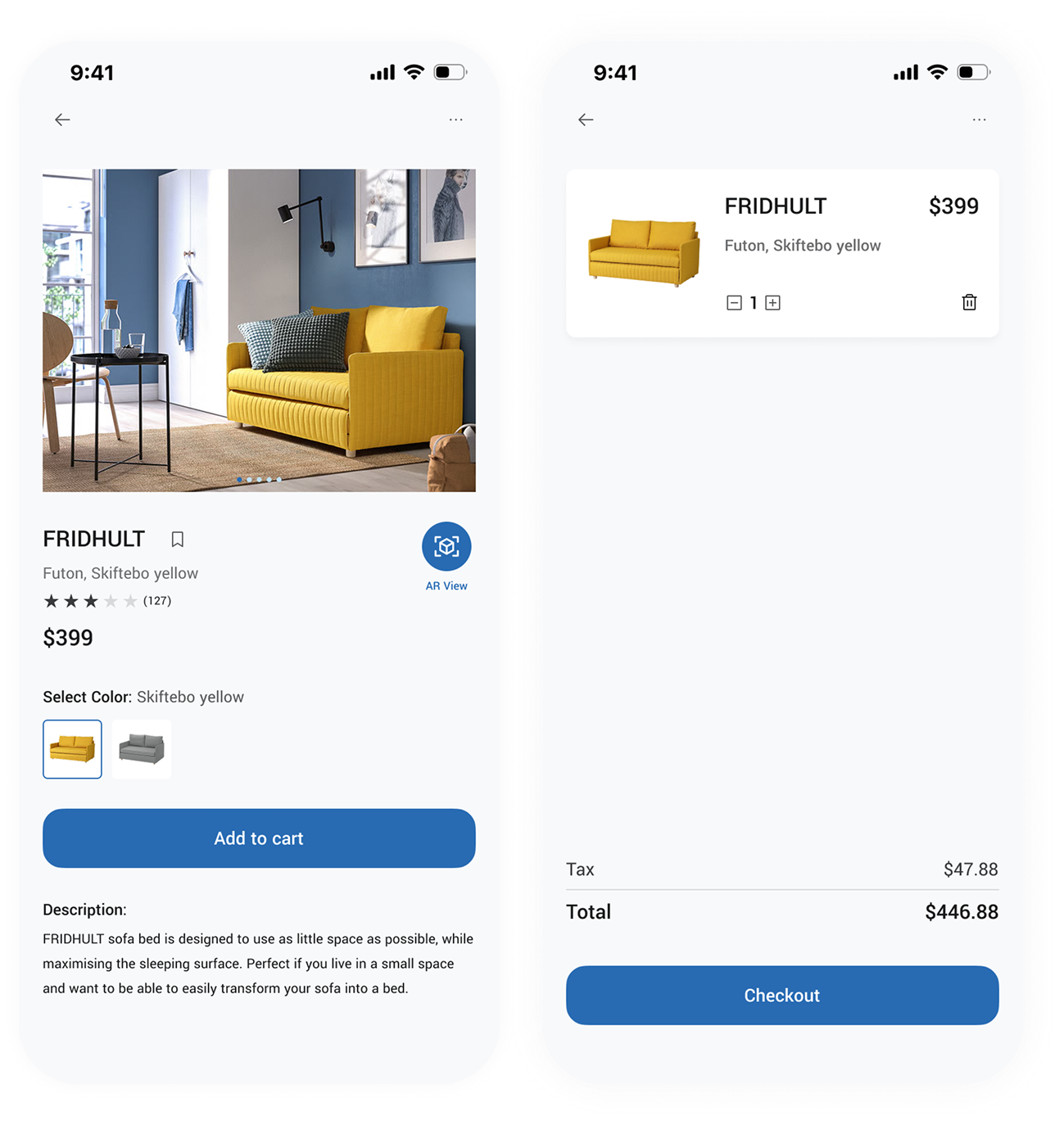 Product detail page with AR View button and simulated cart with price breakdown