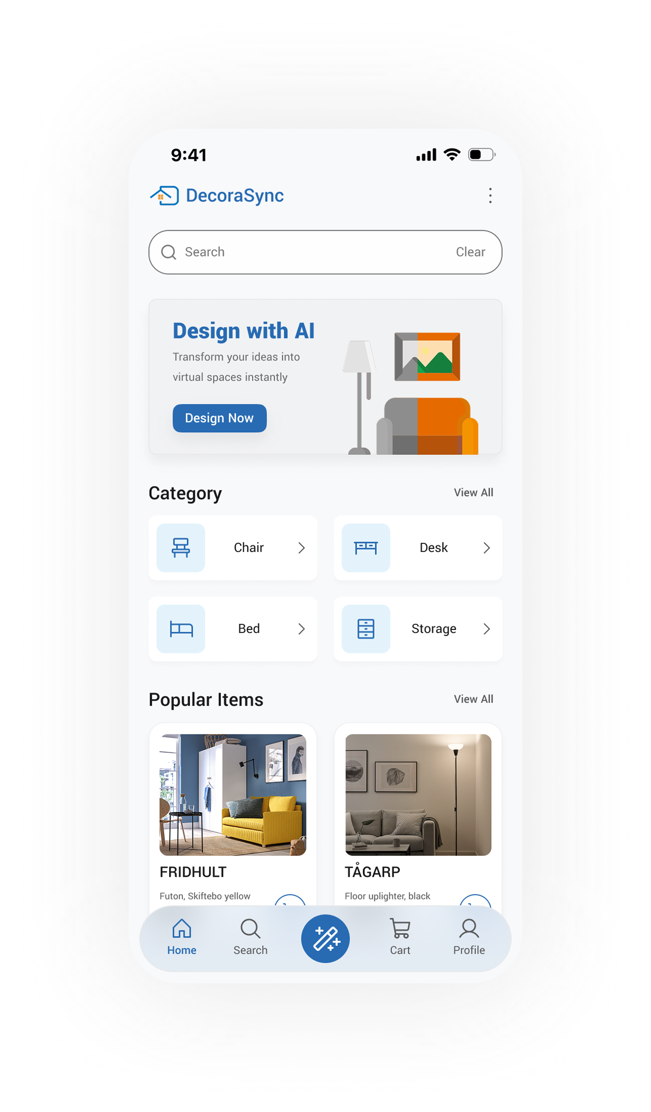 DecoraSync home screen with AI design banner, categories, and product listings