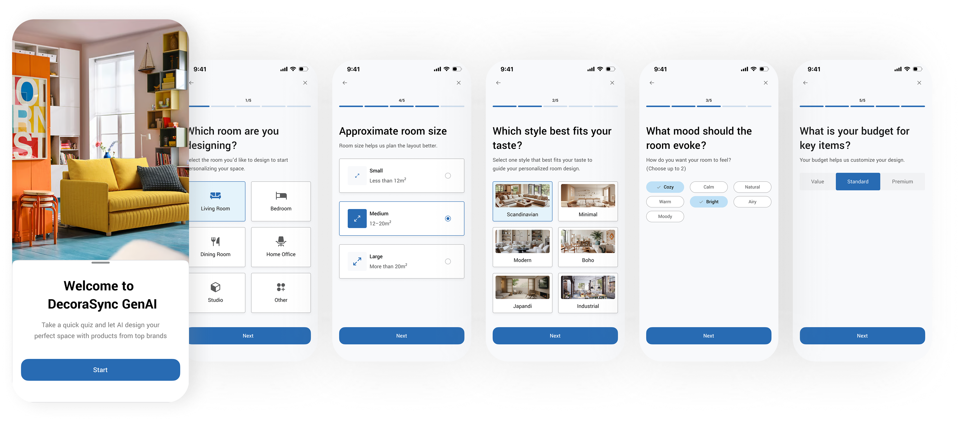 Five-step style quiz flow: room type, size, style preference, mood, and budget
