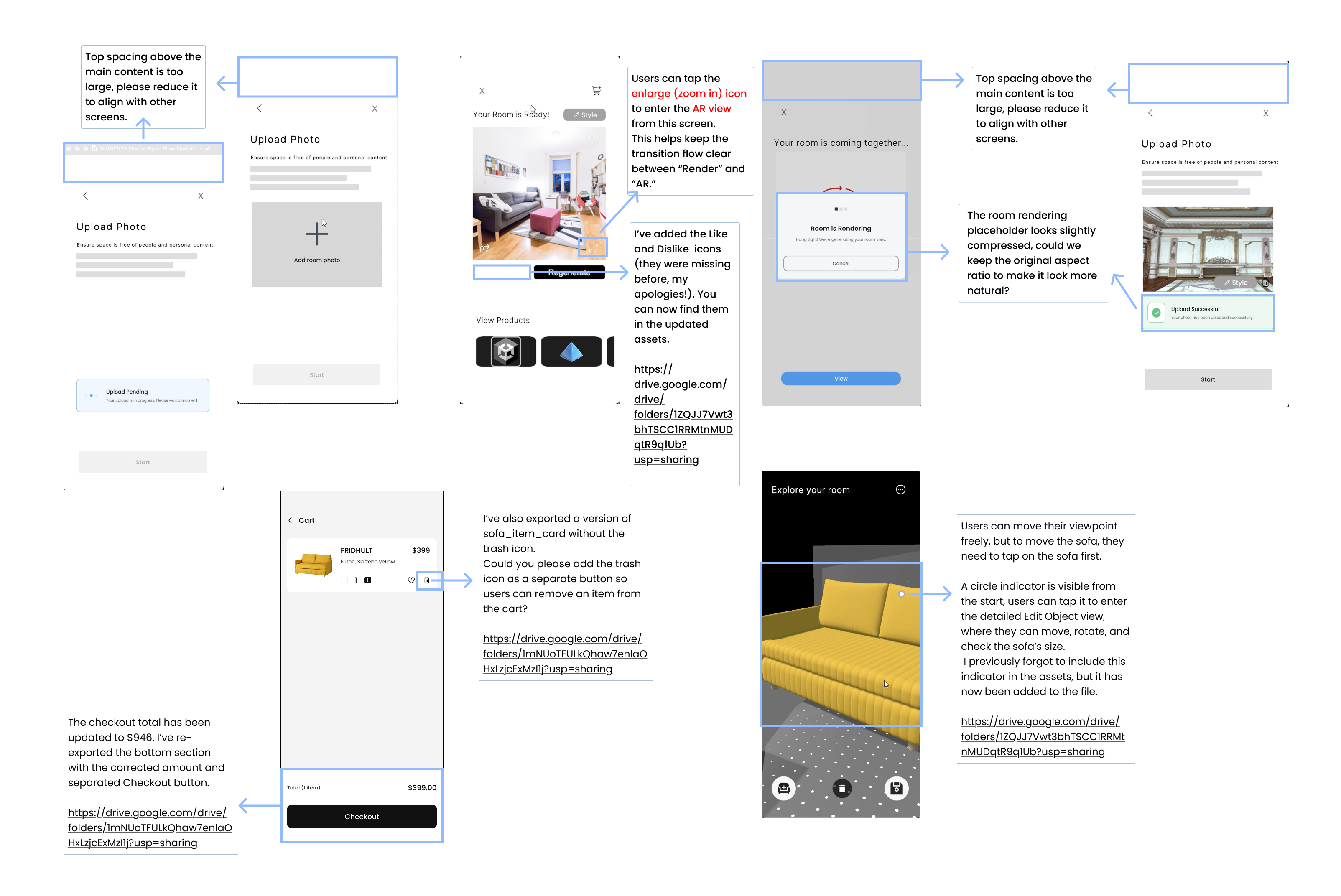 Figma feedback notes for the Unity engineer — spacing corrections, icon updates, interaction specs, and asset export links.