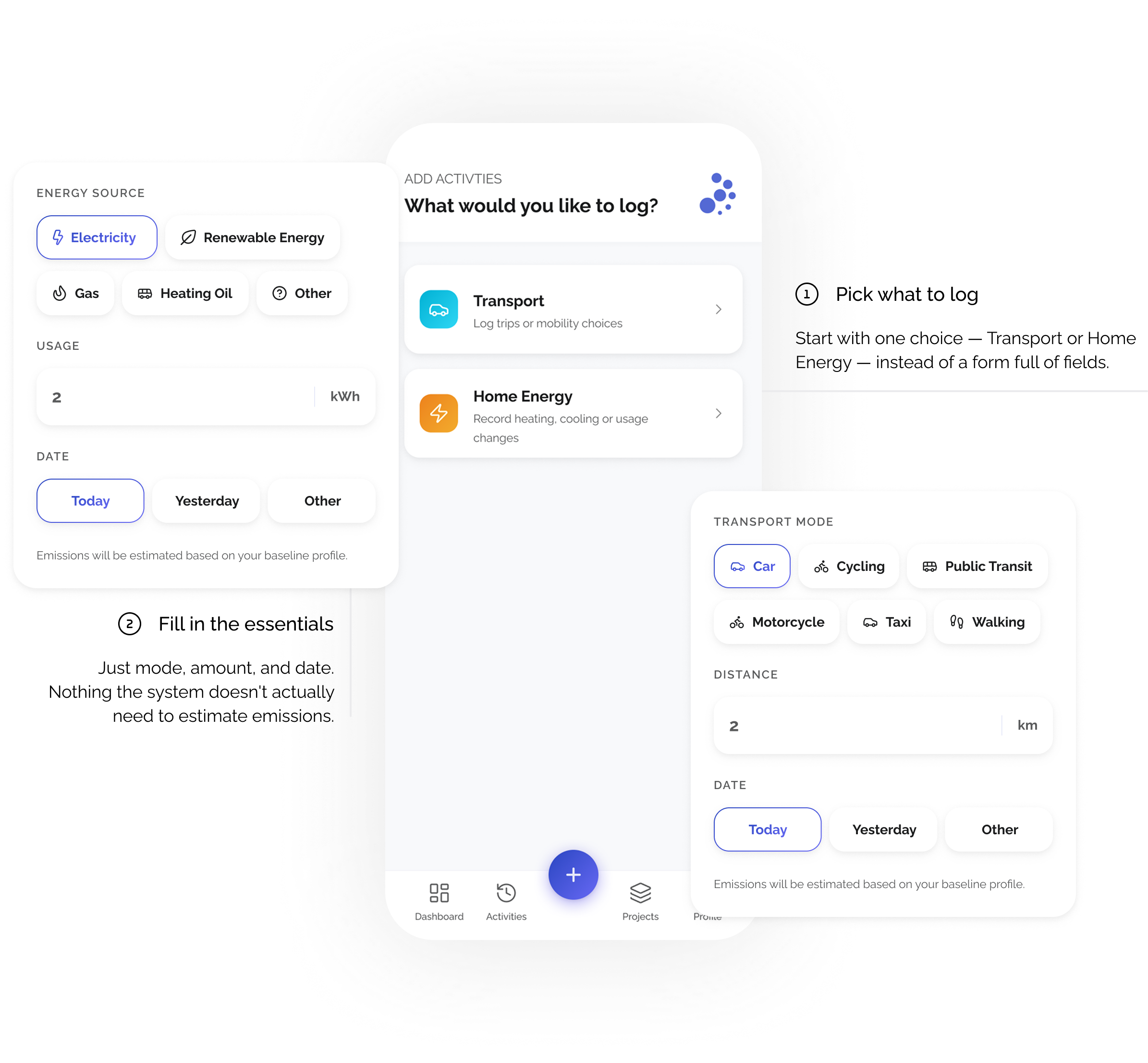Add-activity flow: pick category, enter details, estimated impact